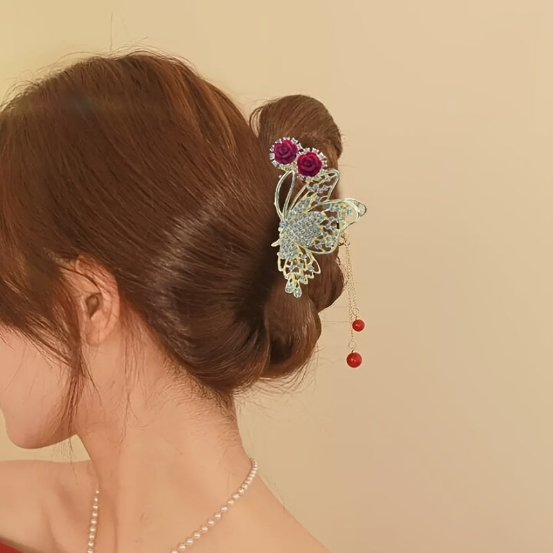 Red Rose Hair Claw Clip Tassel Ponytail Holder for Women