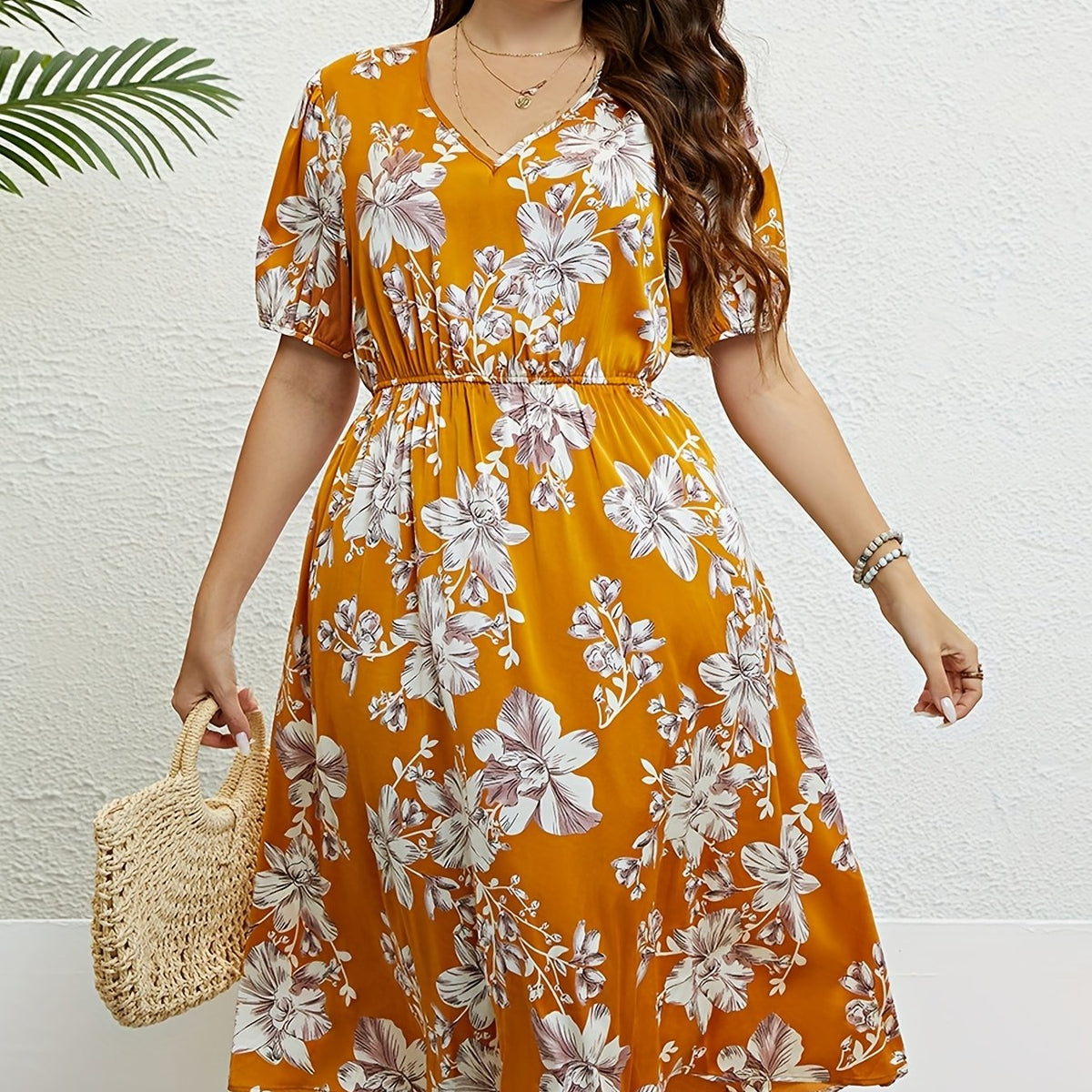  Floral Print Bubble Sleeve V Neck Midi Dress