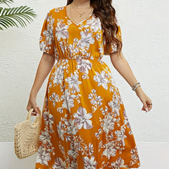  Floral Print Bubble Sleeve V Neck Midi Dress