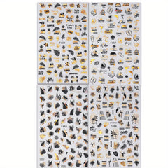 4 Sheets 3D Nail Art Stickers: Leaves/Flame Bird Adhesive Nail Decals