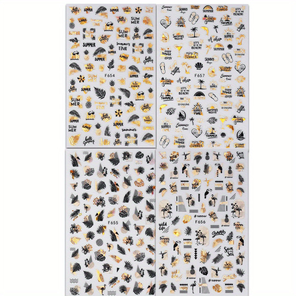4 Sheets 3D Nail Art Stickers: Leaves/Flame Bird Adhesive Nail Decals