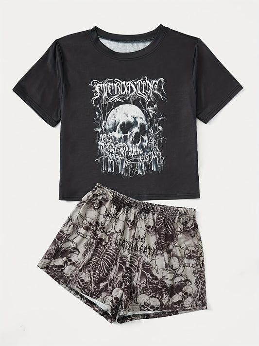 Skull Print Lounge Set Short Sleeve Top & Shorts Women's Loungewear