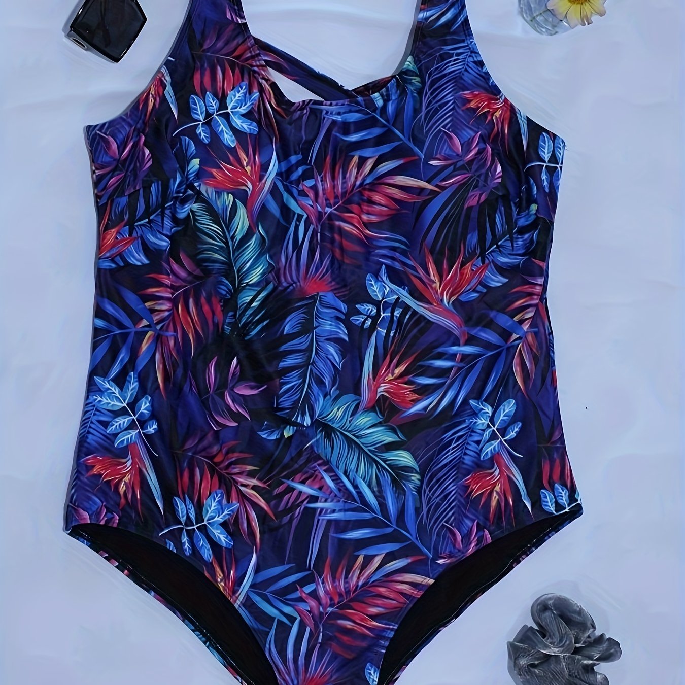  Boho Swimsuit Tropical Print Round Neck Tummy Control One Piece