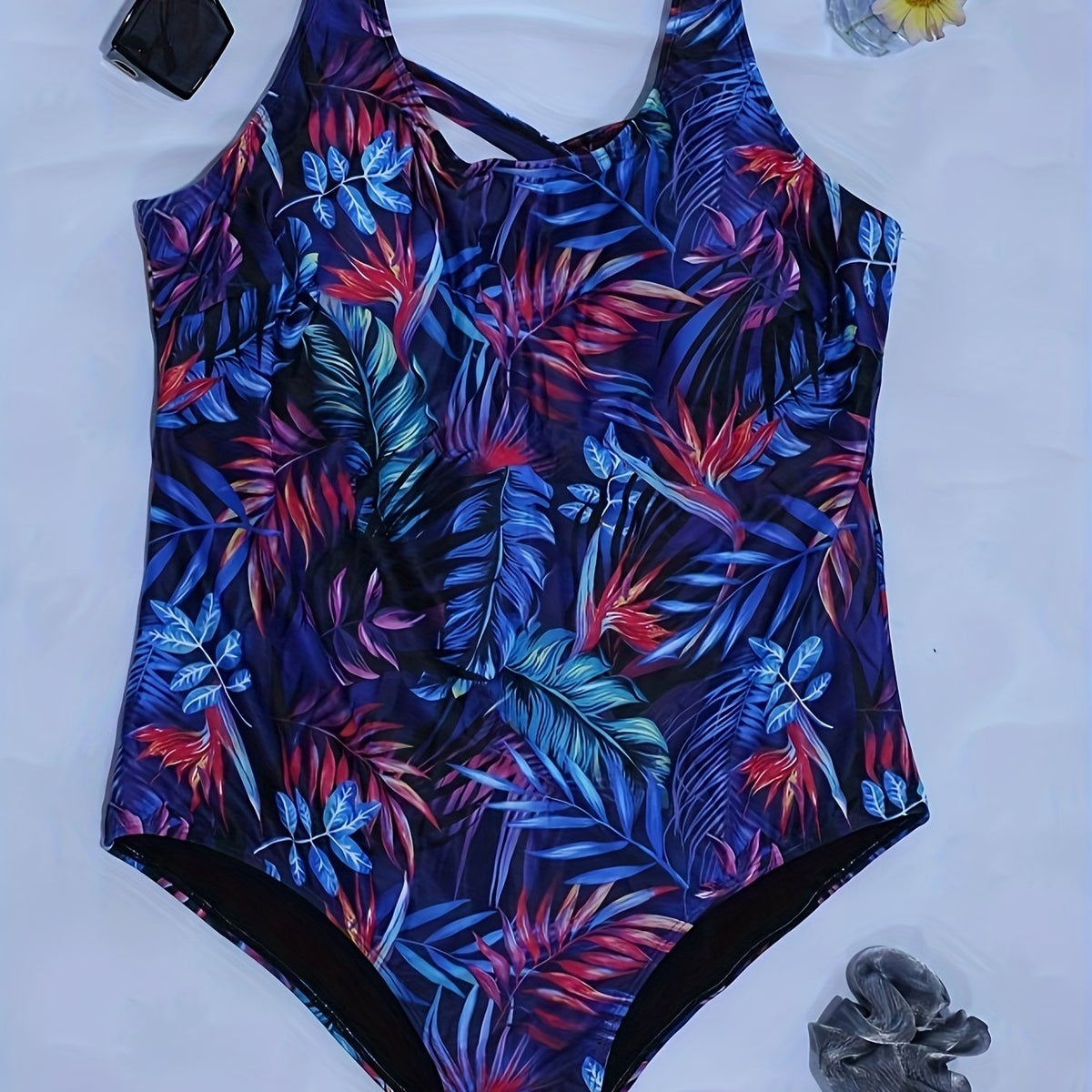  Boho Swimsuit Tropical Print Round Neck Tummy Control One Piece