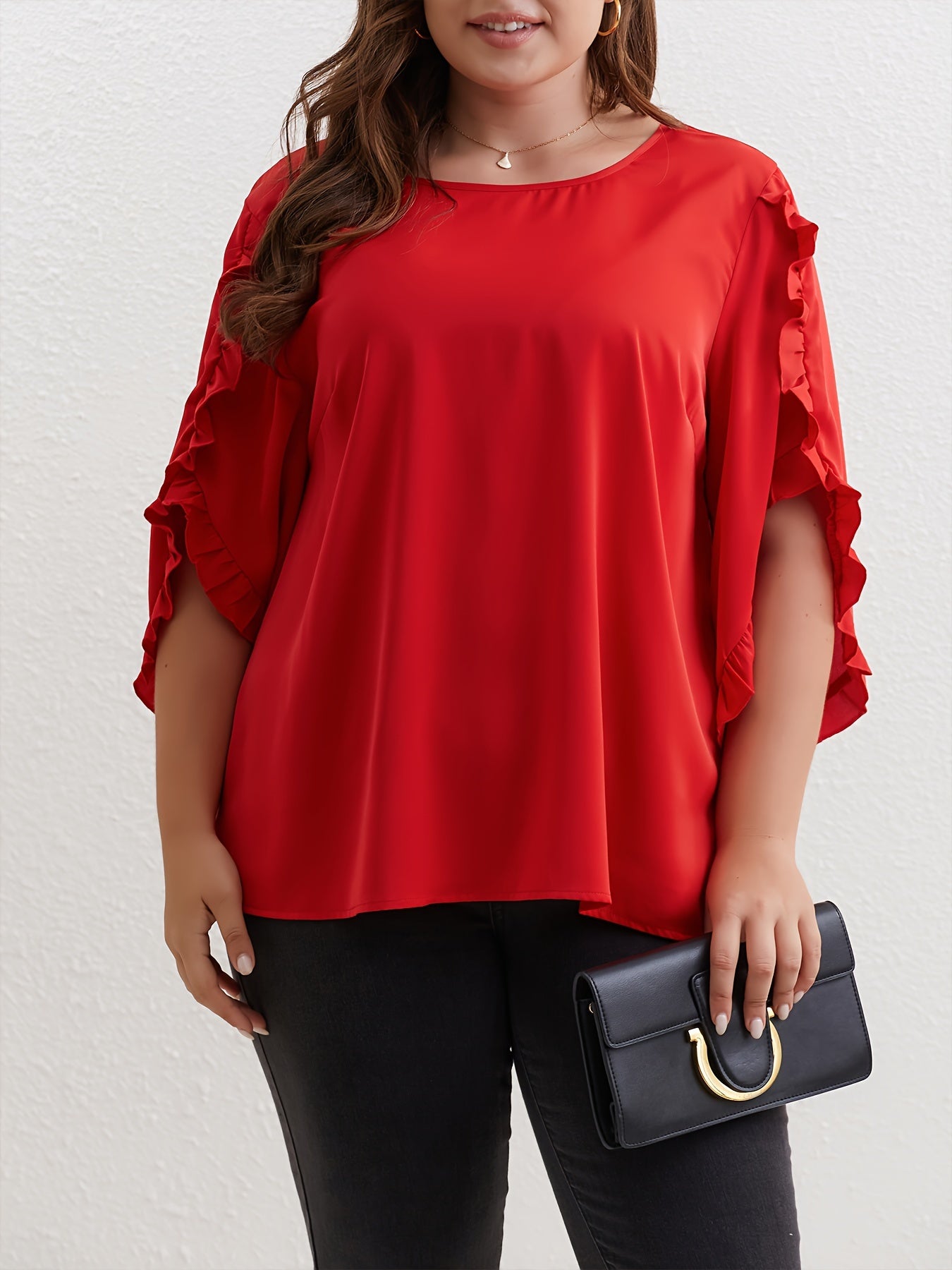  Solid Ruffle Trim Petal Sleeve Top