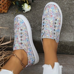 Floral Print Canvas Flat Skate Shoes Women