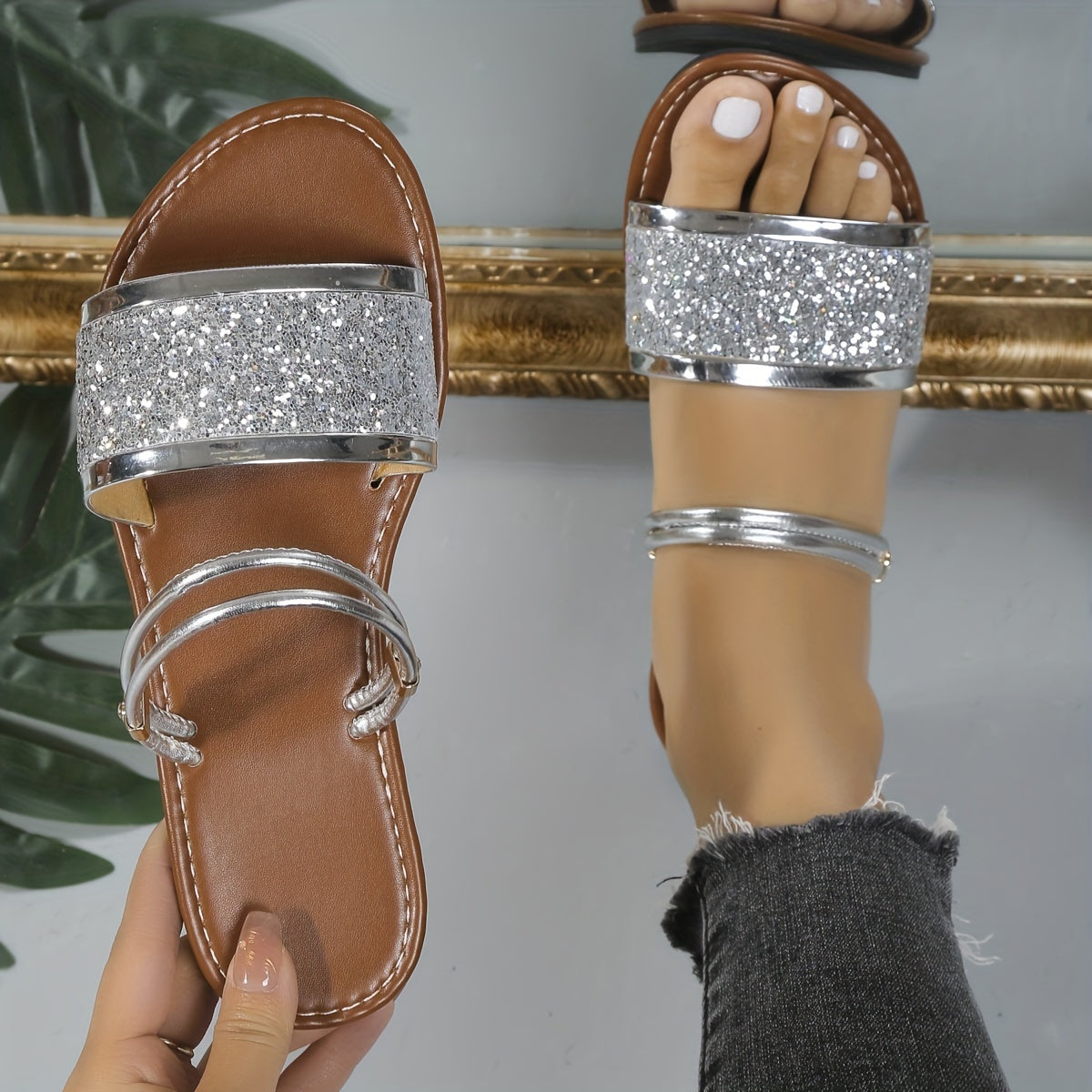 Glitter Slide Sandals Two-Way Wear Flat Beach Shoes