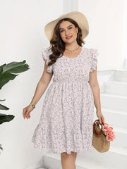  Floral Print Cap Sleeve Dress with Ruffle Trim