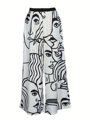 Women's Plus Abstract Figure Print High Rise Wide Leg Trousers