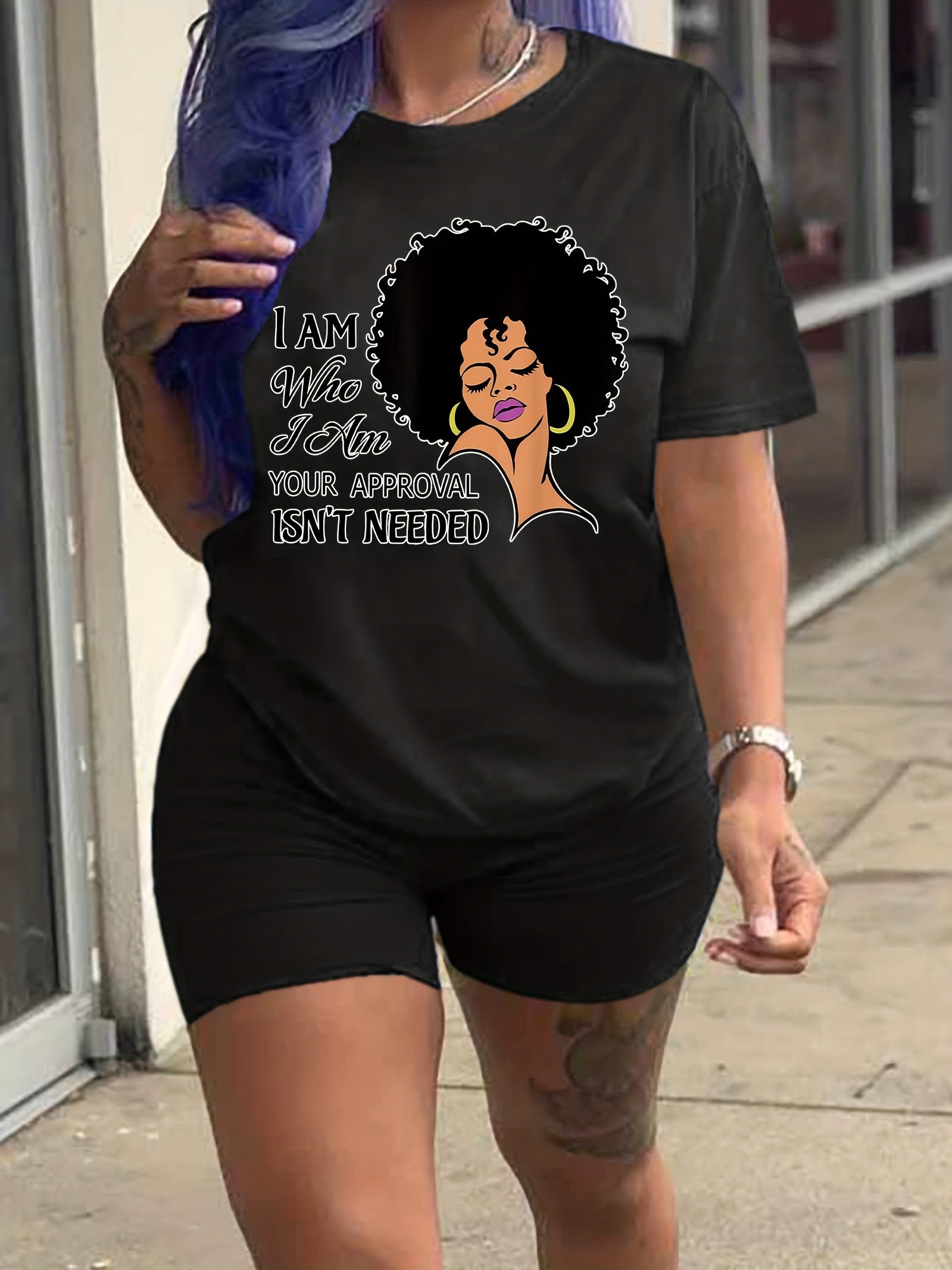 Casual 2pc Set Portrait Print Tee & Biker Shorts