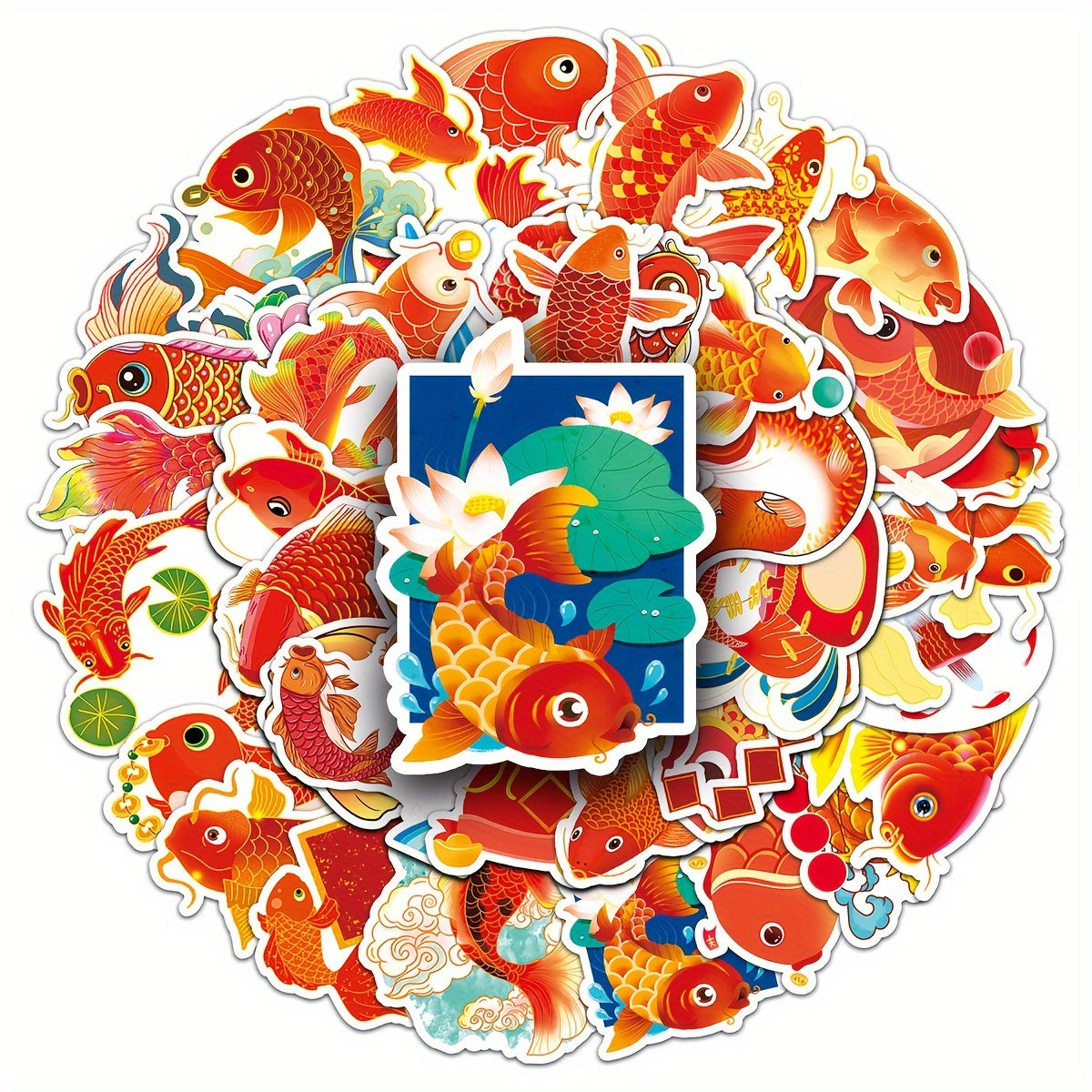 50pcs Koi Cartoon Animal Hand-painted Stickers For Journal Water Cup Skateboard