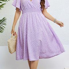 Plus Dot Print Flutter Sleeve Surplice Neck Shirred Waist Dress