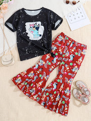 2 Pack Toddler Girls Tie Dyed Bell Bottom Suit Short Sleeve Tee & Pants Set