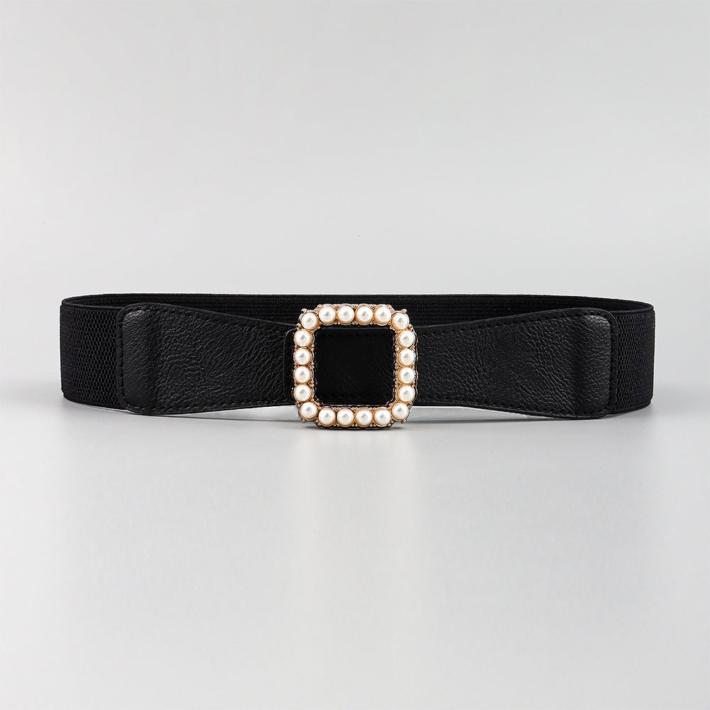 High Elasticity Ladies Square Buckle Pearl Belt With Dress