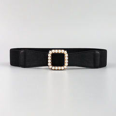 High Elasticity Ladies Square Buckle Pearl Belt With Dress