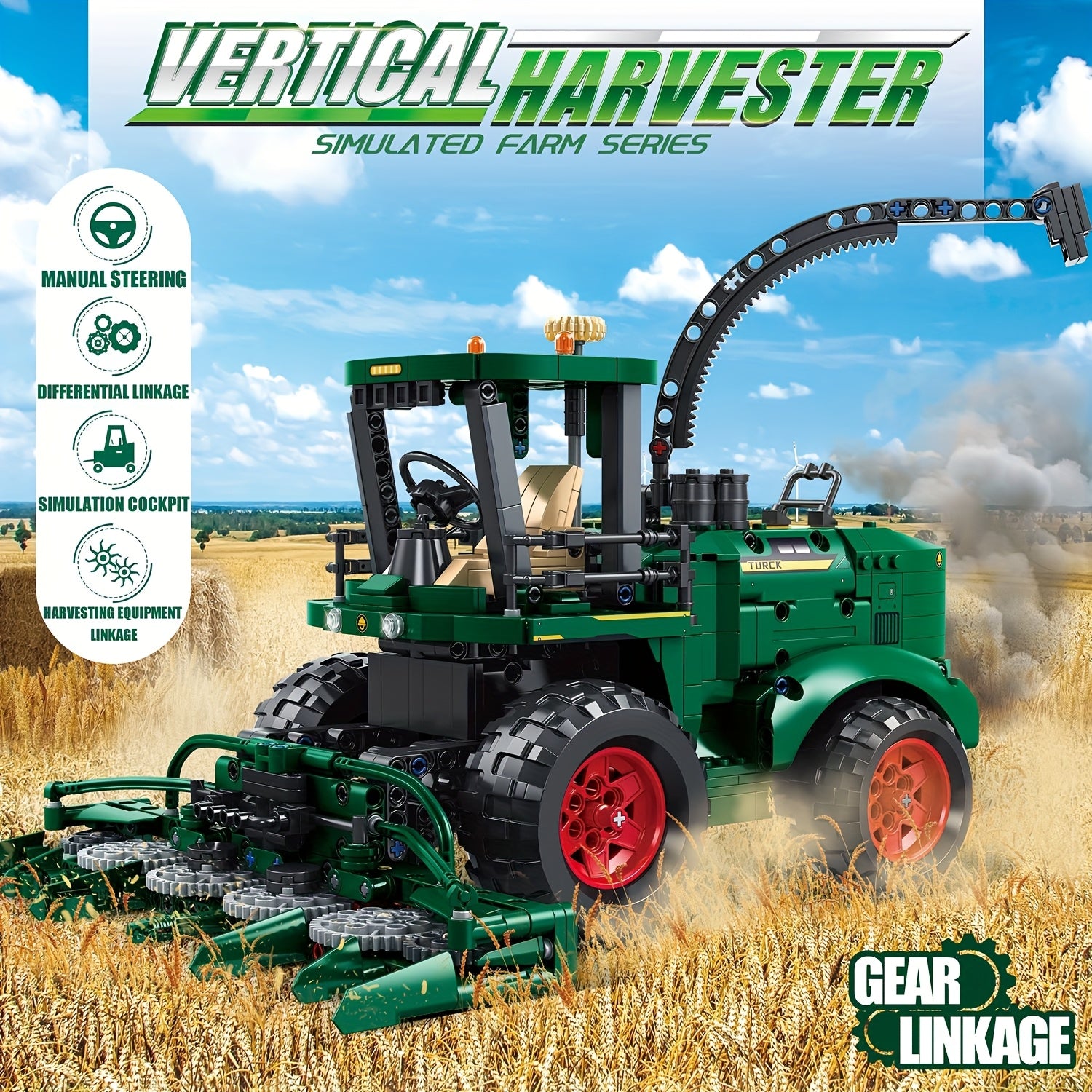 1162pcs Green Vertical Harvester Model Puzzle Toy Large Size Rural Tractor Mower