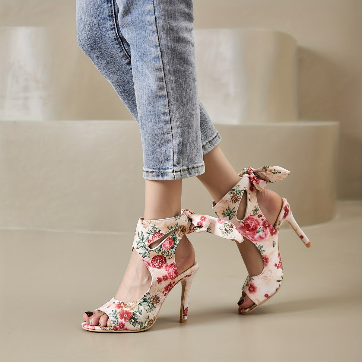 Floral Print Peep Toe Lace Up Stiletto Heels Sandals