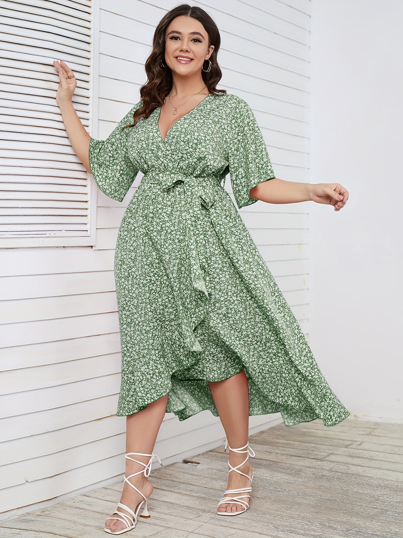  Ditsy Print Short Sleeve Wrap Dress With Belt