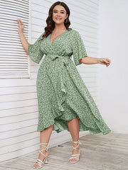  Ditsy Print Short Sleeve Wrap Dress With Belt