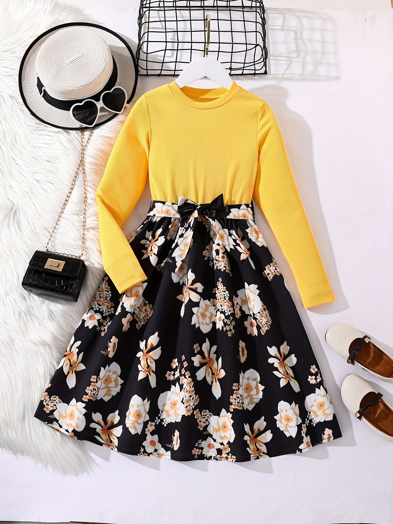 Girls Long Sleeves Flowers Splicing Belted Dress For Party Kids Spring Clothes