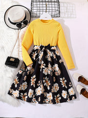 Girls Long Sleeves Flowers Splicing Belted Dress For Party Kids Spring Clothes