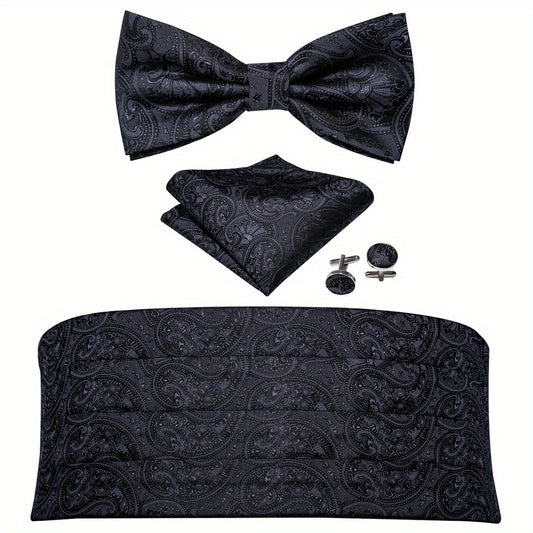 Barry Wang Men's Cummerbund Bowtie Set Silk Paisley Floral Pre-tied