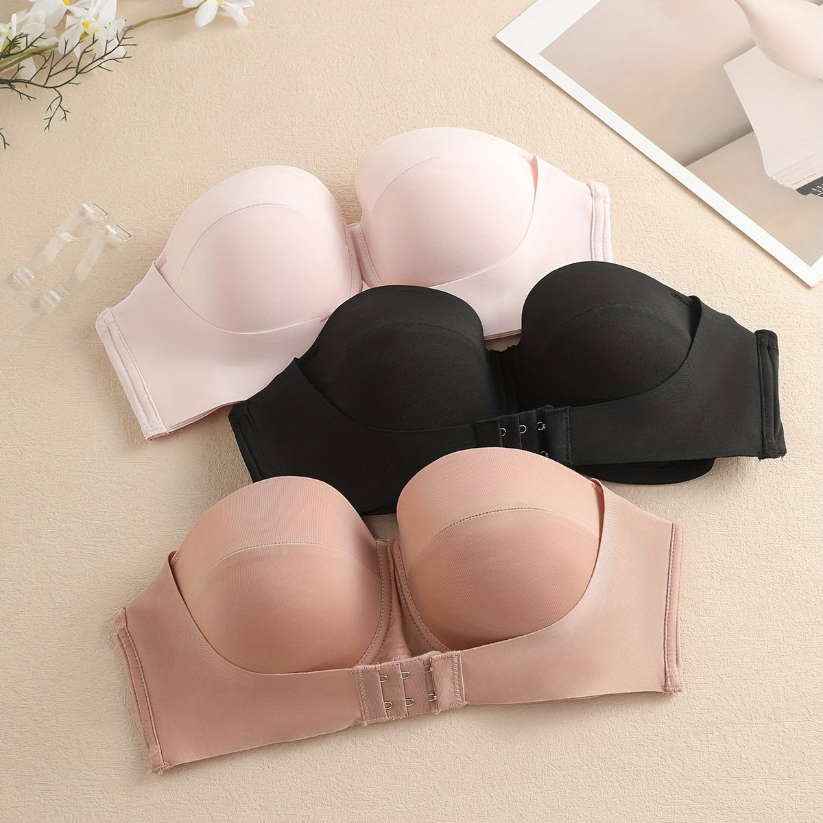 3pcs Front Buckle Strapless Push Up Bras for Women