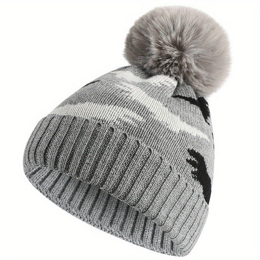 Kids Winter Knit Fleece-Lined Hat With Dinosaur Embroidery