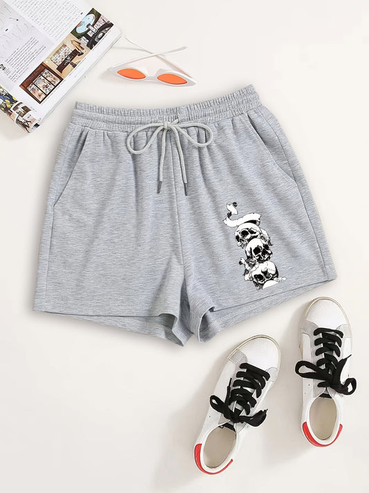 Skull Print Elastic Drawstring Shorts Y2K Sports Loose High Waist