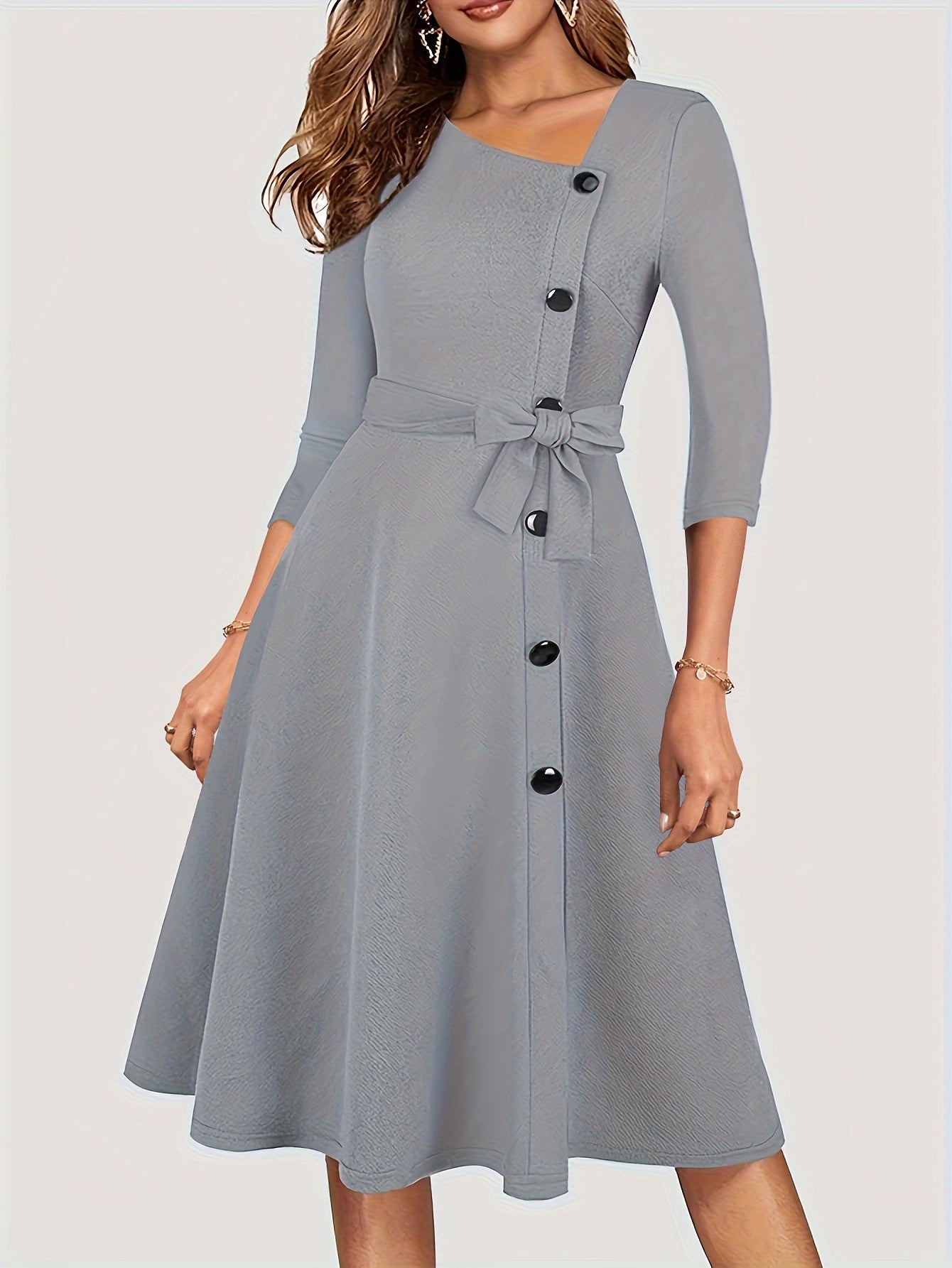  Solid Button Half Sleeve Midi Dress With Belt