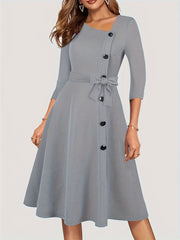  Solid Button Half Sleeve Midi Dress With Belt