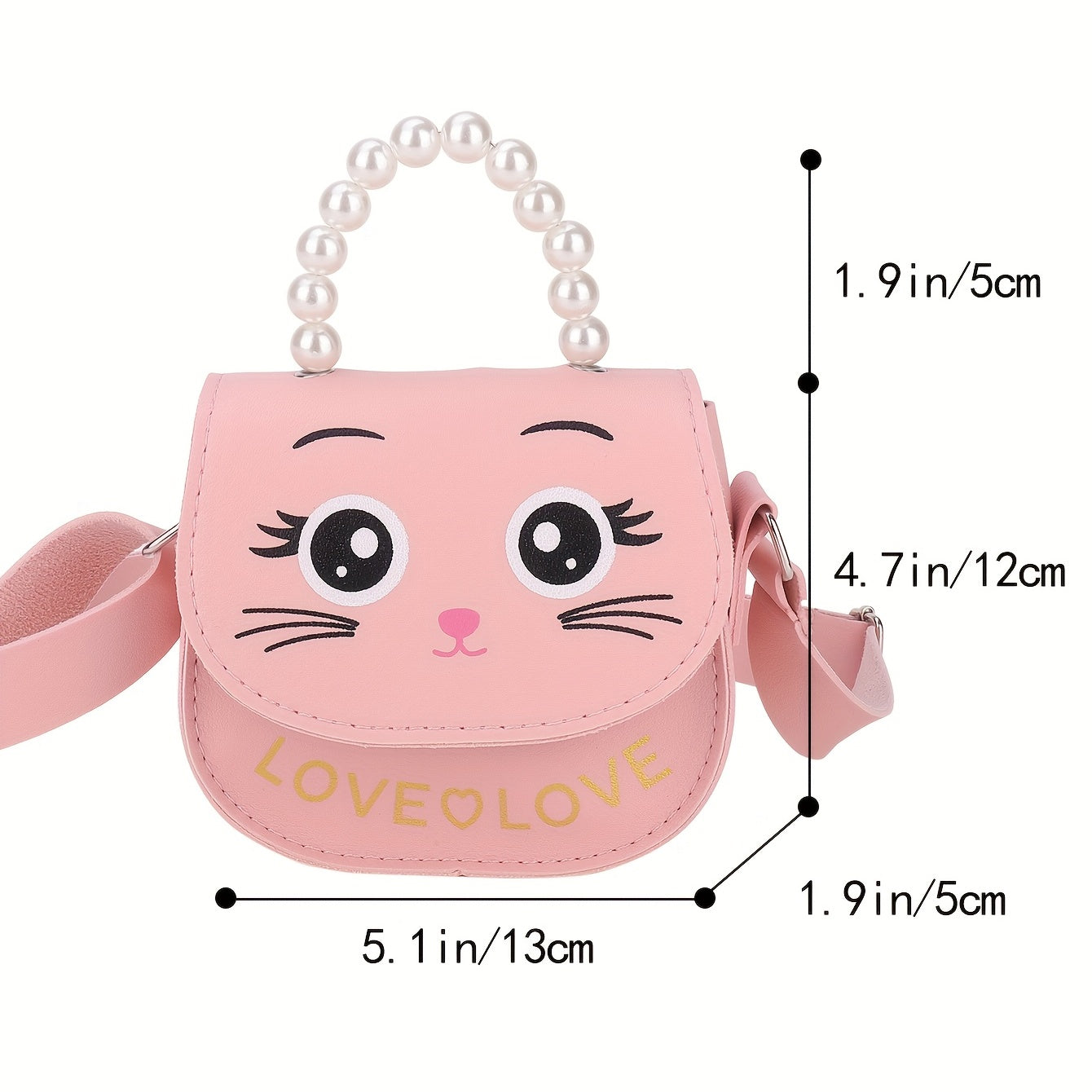 Girls Cat Shoulder Bag With Pearl Handle Strap Sweet Handbag Crossbody Bag