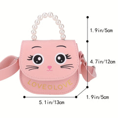 Girls Cat Shoulder Bag With Pearl Handle Strap Sweet Handbag Crossbody Bag