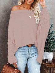  Solid Waffle Pattern Off Shoulder Long Sleeve Jumper