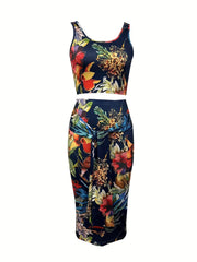 Floral Print Skirt Set Crop Tank Top & Bodycon Skirt