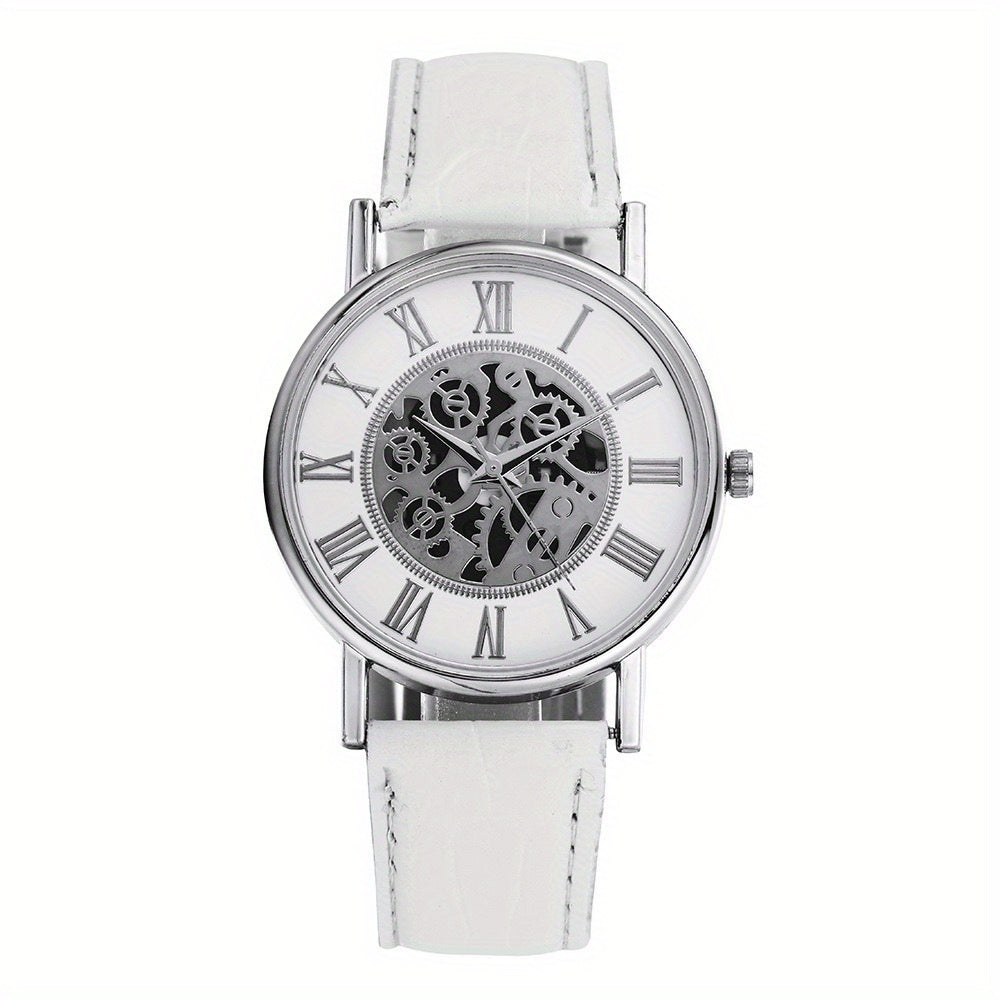 Leisure Couple Watch Roman Hollow Mechanical Quartz Leather Strap