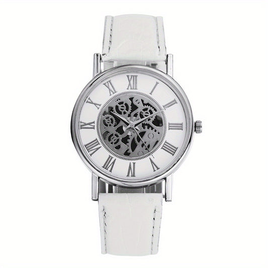 Leisure Couple Watch Roman Hollow Mechanical Quartz Leather Strap