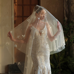 Vintage European Romance Wedding Veil with Pearls & 3D Butterfly