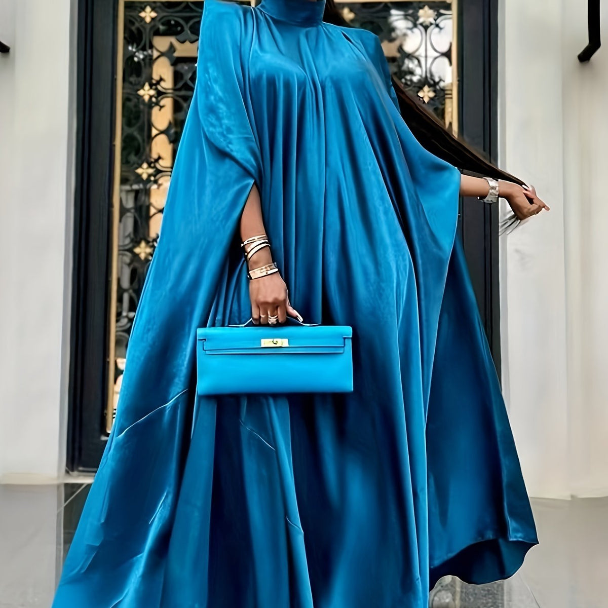 Satin Bat Sleeve Maxi Caftan Dress