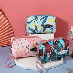 Flower Print Makeup Bag Large Capacity Travel Toiletry Bag with Wrist Strap