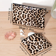 Leopard Print Cosmetic Bag Women Zipper Makeup Pouch Keychain Travel Organizer