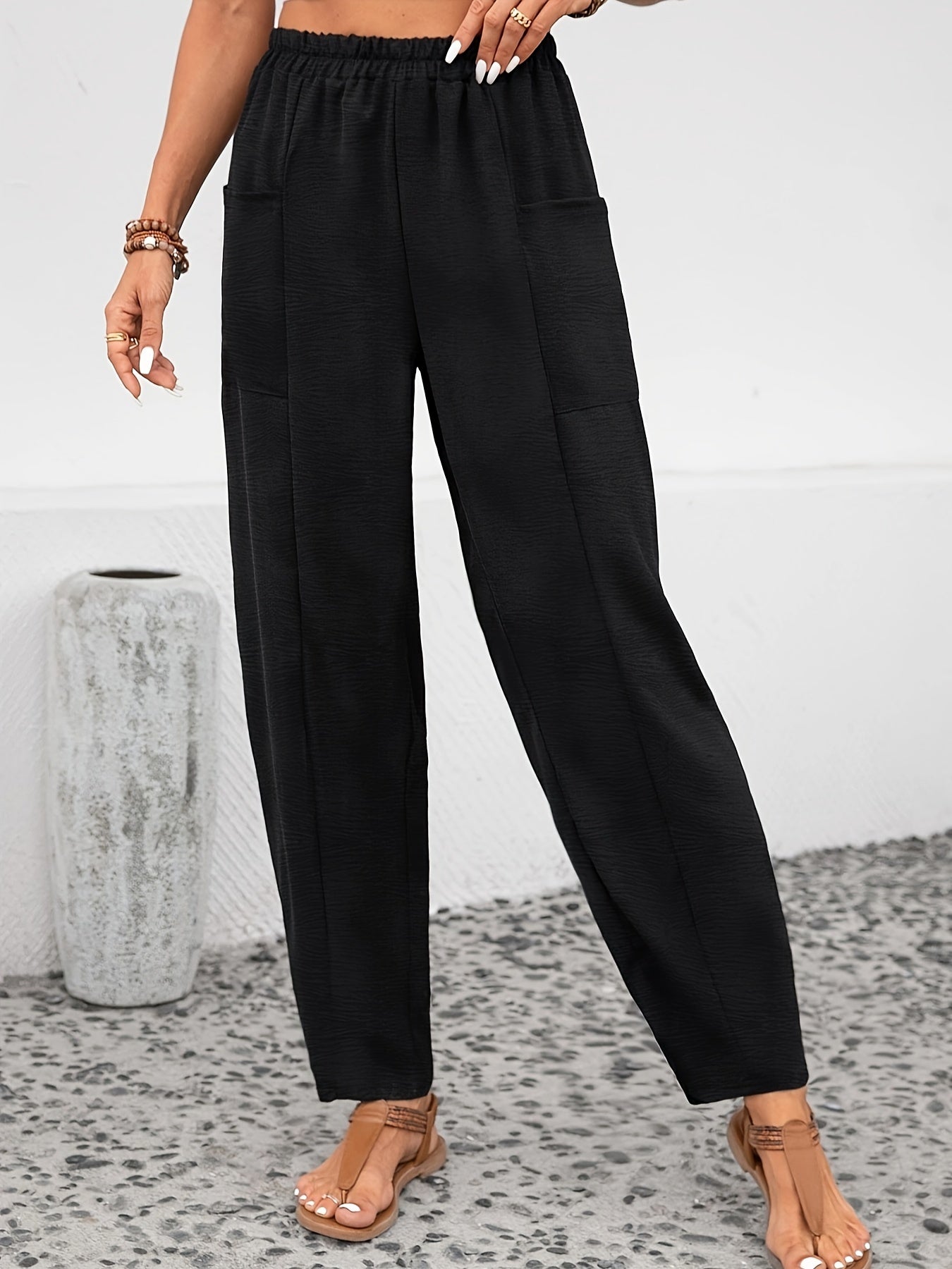  Solid Textured High Rise Loose Fit Trousers With Pockets
