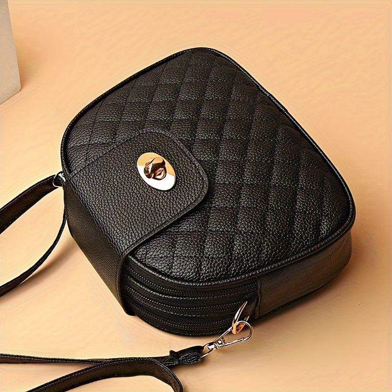 Embroidered Round Shoulder Bag Quilted PU Leather Crossbody