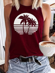 Coconut Tree Print Tank Top Crew Neck Summer Sleeveless Tank