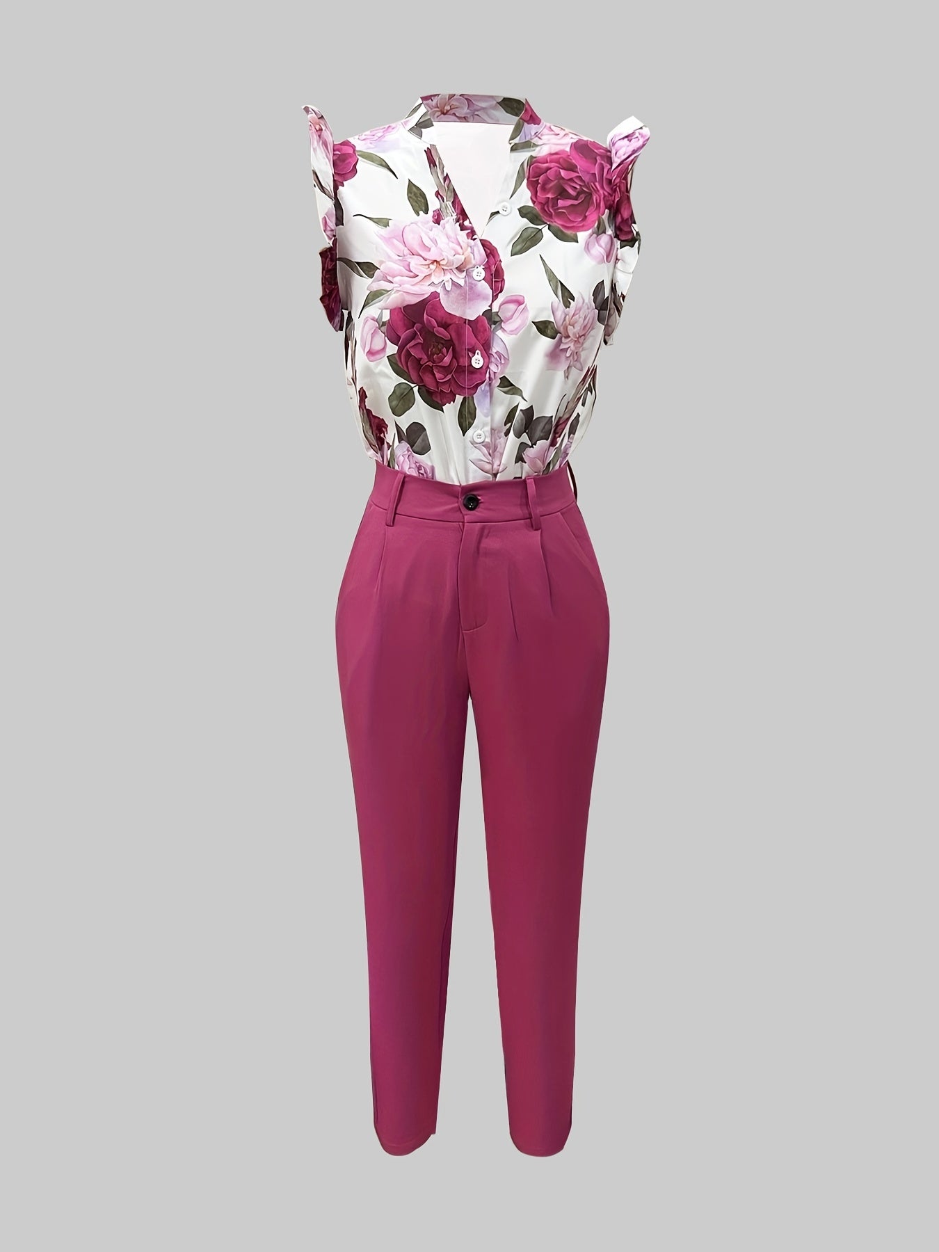 Floral Print Blouse & Slim Pants Outfit Women's Clothing