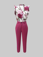 Floral Print Blouse & Slim Pants Outfit Women's Clothing