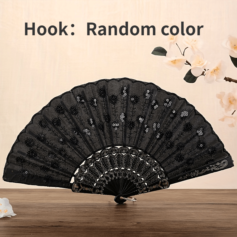 Sequin Fabric Folding Fan Embroidery Lace Fan Vintage Fan