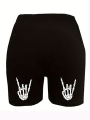  Rock Skeleton Print High Rise Biker Shorts