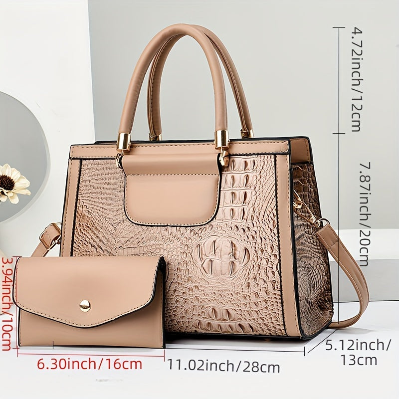 Crocodile Pattern Tote Bag Shoulder Crossbody Zipper Closure Versatile Style