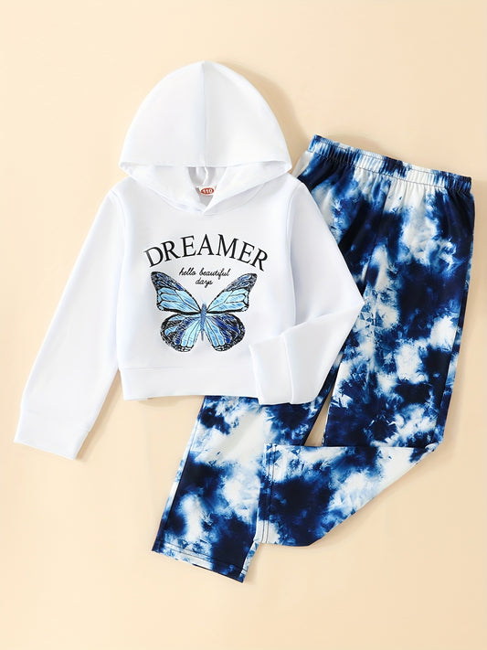 Girl's Butterfly Pattern 2pcs Hoodie & Pants Set DREAMER Print Top Casual Outfit